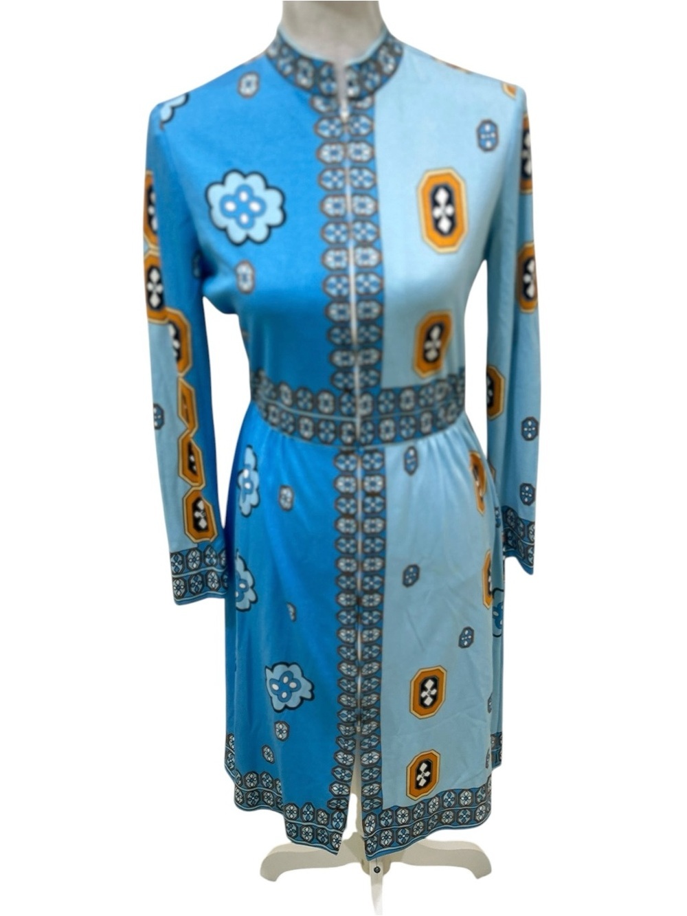 Vtg ‘60’s paganne by Geneberk Floral blue jersey knit Long Sleeve midi Dress 12